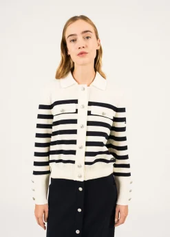 SAINT JAMES Pulls & Gilets*Gilet rayé en laine Rollet Ecume/navy