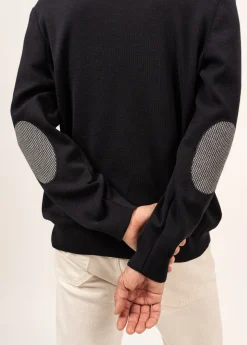 SAINT JAMES Pulls & Gilets*Pull col V Cuirassé à coudières Navy/perlechine