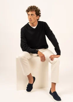 SAINT JAMES Pulls & Gilets*Pull col V Cuirassé à coudières Navy/perlechine