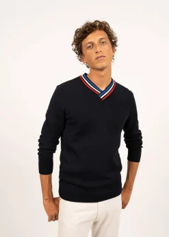 SAINT JAMES Pulls & Gilets*Pull en laine à col V contrasté Navy