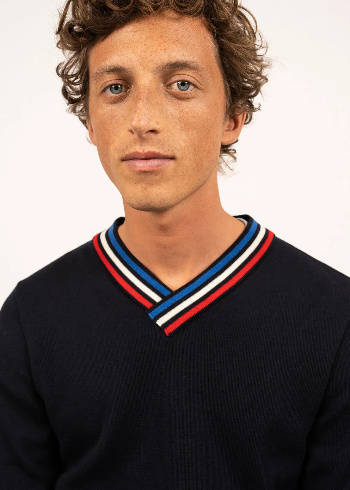 SAINT JAMES Pulls Marins*Pull en laine à col V contrasté Navy